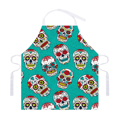 Teal Sugar Skull Pattern Print Adjustable Apron