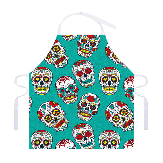 Teal Sugar Skull Pattern Print Adjustable Apron