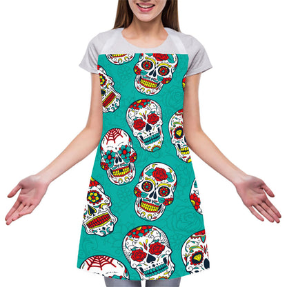 Teal Sugar Skull Pattern Print Adjustable Apron