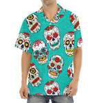 Teal Sugar Skull Pattern Print Aloha Shirt