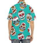 Teal Sugar Skull Pattern Print Aloha Shirt