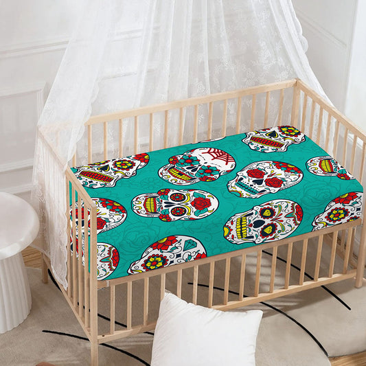 Teal Sugar Skull Pattern Print Baby Crib Sheet