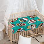 Teal Sugar Skull Pattern Print Baby Crib Sheet