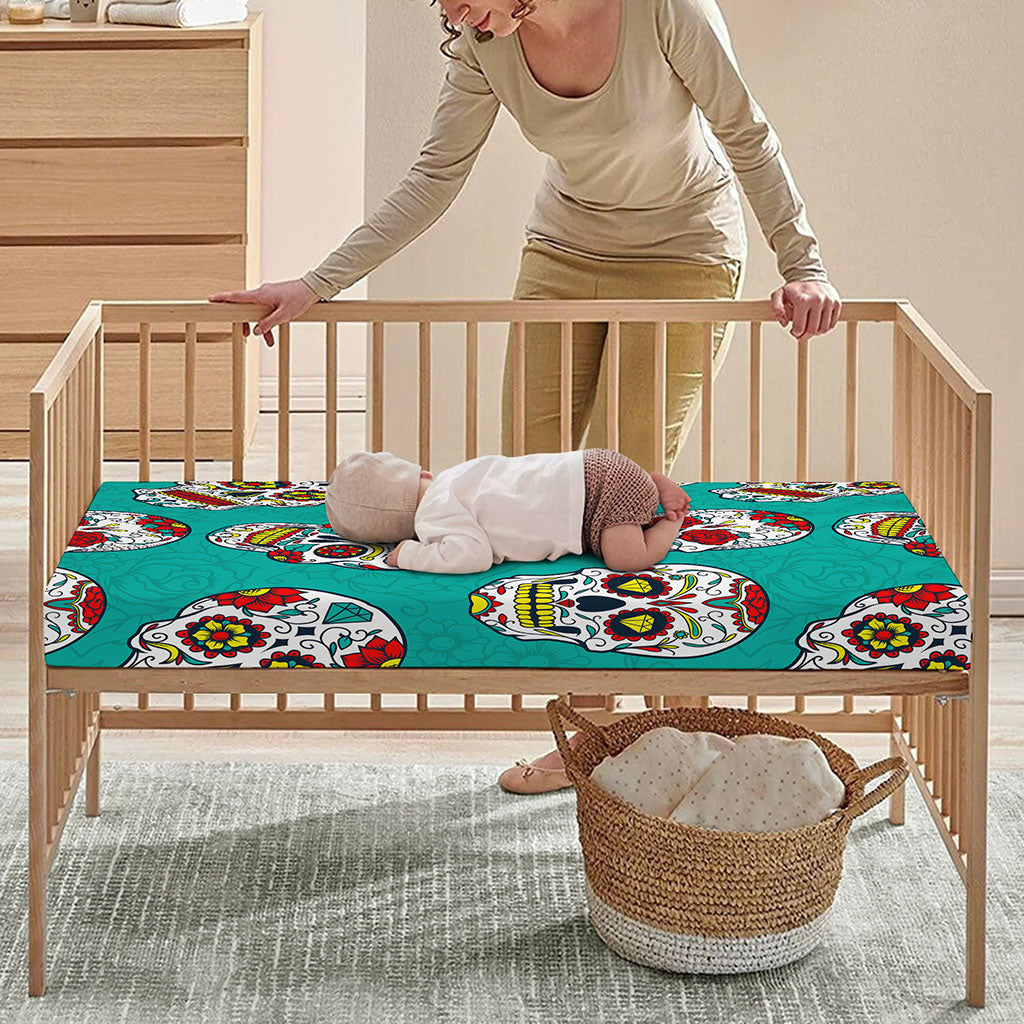 Teal Sugar Skull Pattern Print Baby Crib Sheet