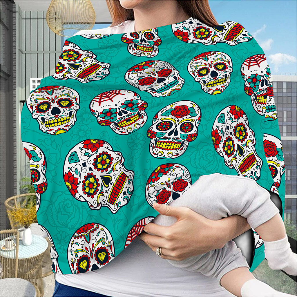 Teal Sugar Skull Pattern Print Baby Seat Cover