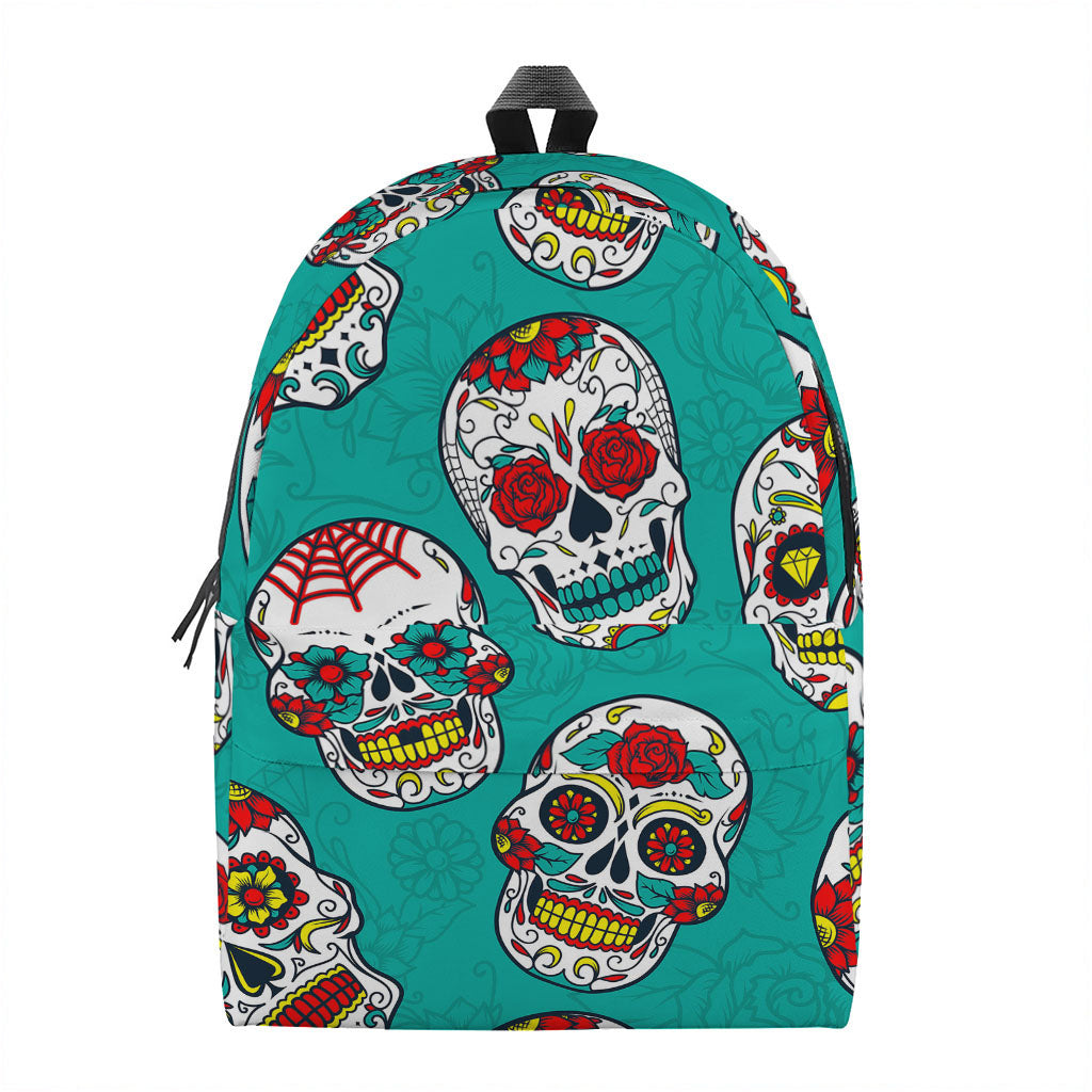 Teal Sugar Skull Pattern Print Backpack