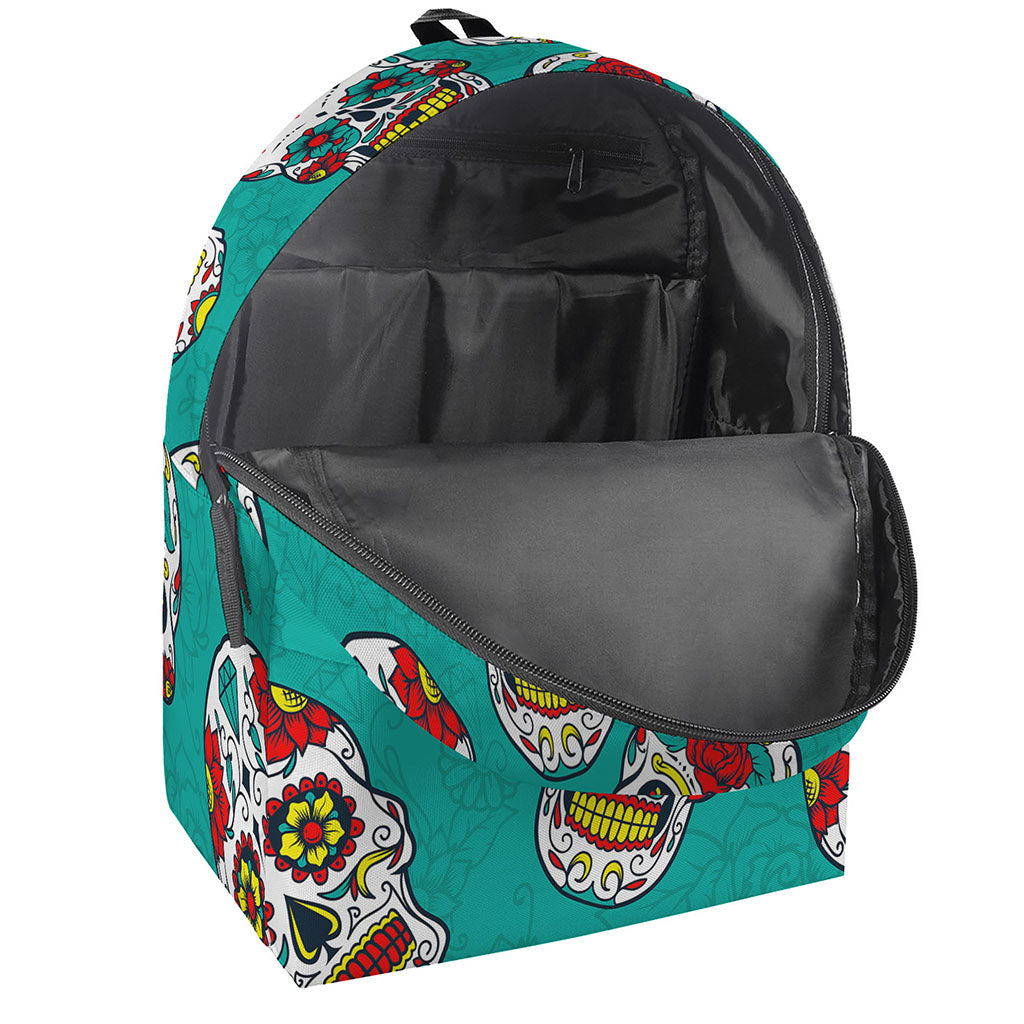Teal Sugar Skull Pattern Print Backpack