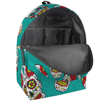 Teal Sugar Skull Pattern Print Backpack