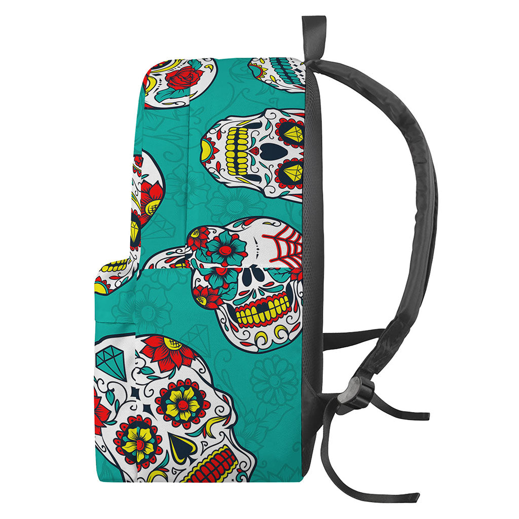 Teal Sugar Skull Pattern Print Backpack