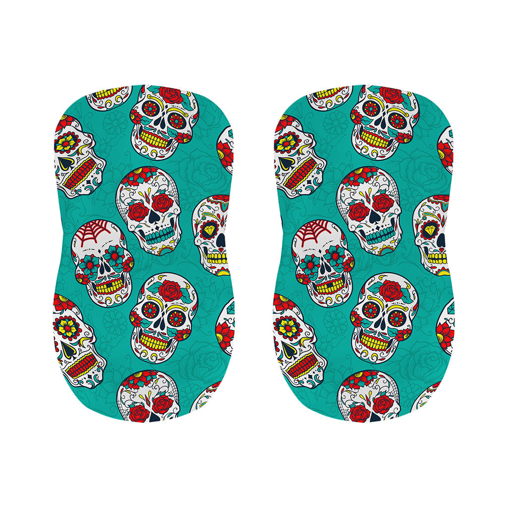 Teal Sugar Skull Pattern Print Bar Stool Covers