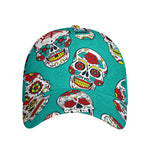 Teal Sugar Skull Pattern Print Baseball Cap