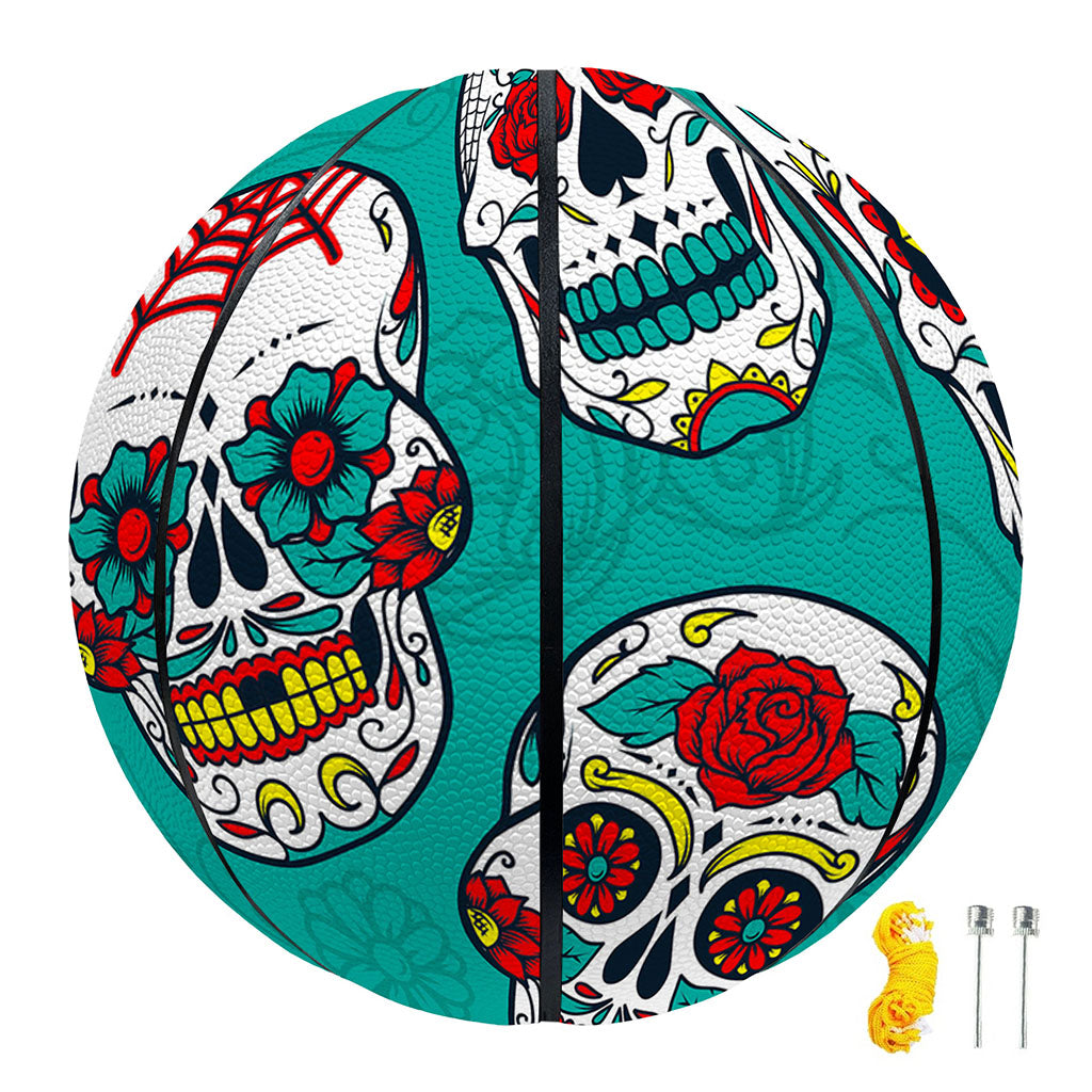 Teal Sugar Skull Pattern Print Basketball
