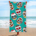 Teal Sugar Skull Pattern Print Beach Towel