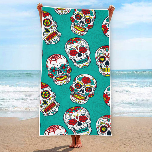 Teal Sugar Skull Pattern Print Beach Towel
