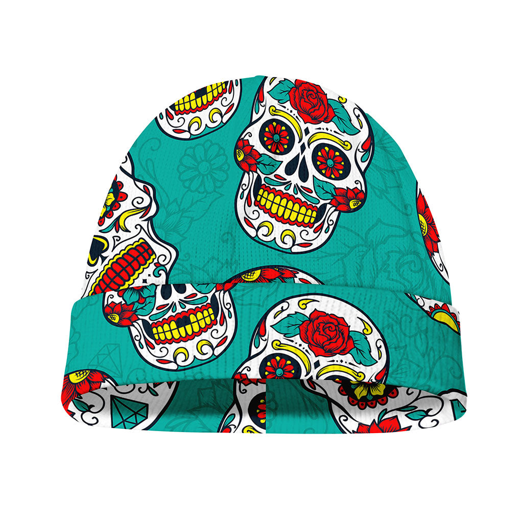 Teal Sugar Skull Pattern Print Beanie