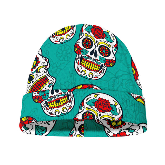 Teal Sugar Skull Pattern Print Beanie