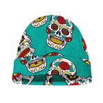 Teal Sugar Skull Pattern Print Beanie