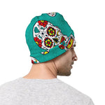 Teal Sugar Skull Pattern Print Beanie