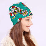 Teal Sugar Skull Pattern Print Beanie