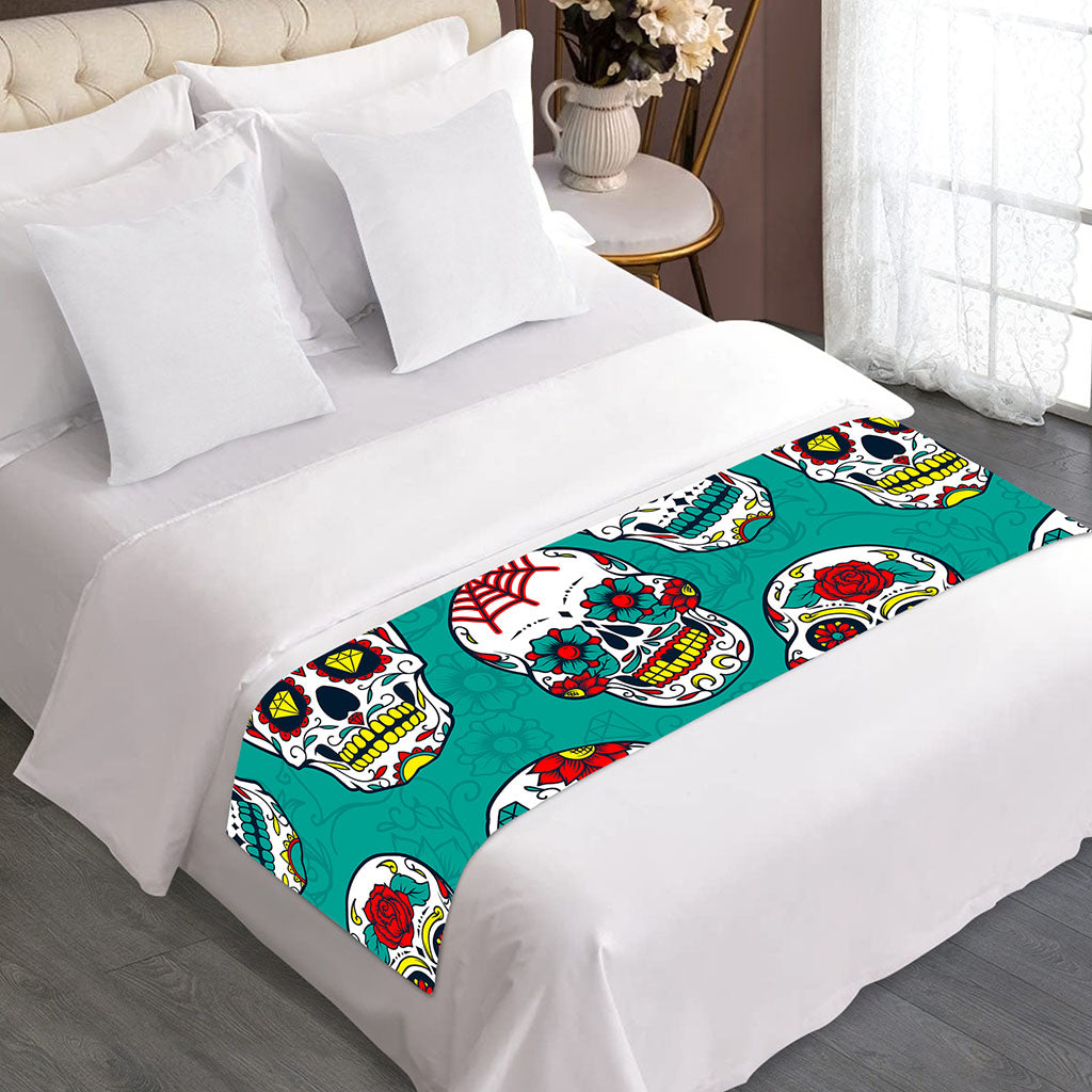 Teal Sugar Skull Pattern Print Bed Runner