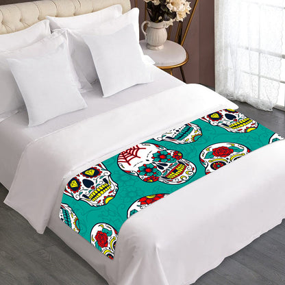 Teal Sugar Skull Pattern Print Bed Runner