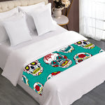 Teal Sugar Skull Pattern Print Bed Runner