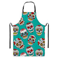 Teal Sugar Skull Pattern Print Bib Apron With Pocket