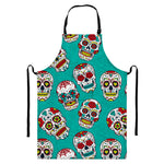 Teal Sugar Skull Pattern Print Bib Apron With Pocket