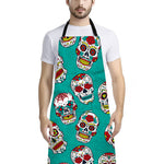 Teal Sugar Skull Pattern Print Bib Apron With Pocket