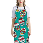 Teal Sugar Skull Pattern Print Bib Apron With Pocket