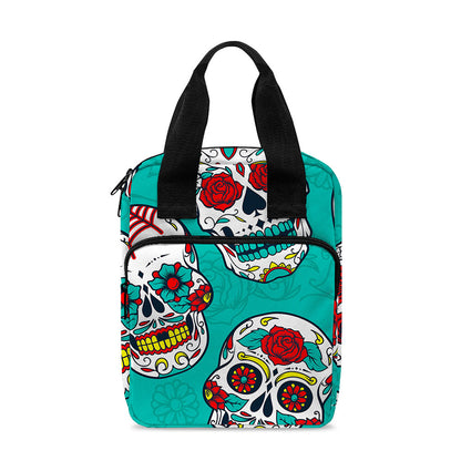 Teal Sugar Skull Pattern Print Bible Tote Bag