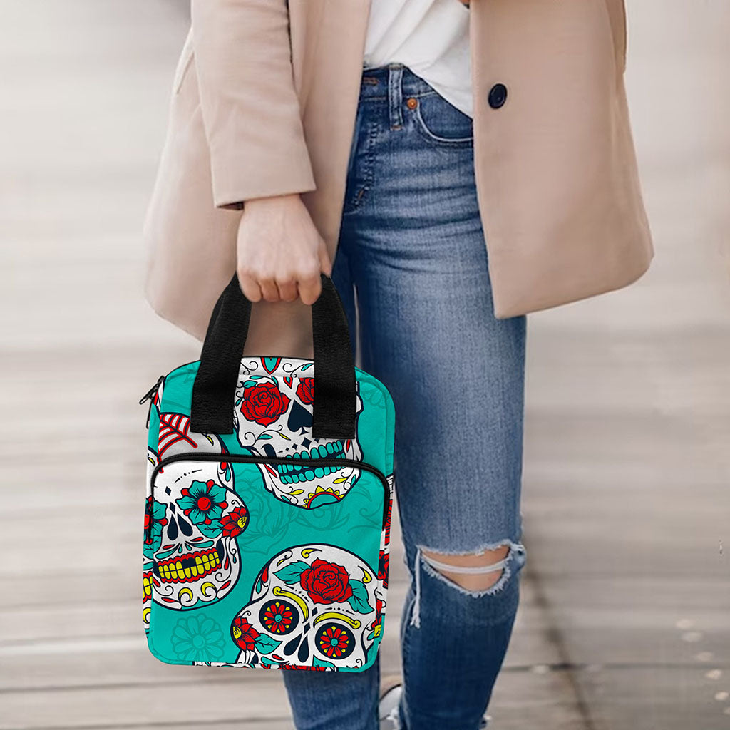 Teal Sugar Skull Pattern Print Bible Tote Bag
