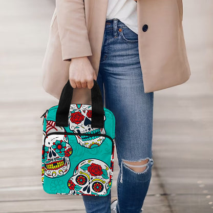 Teal Sugar Skull Pattern Print Bible Tote Bag