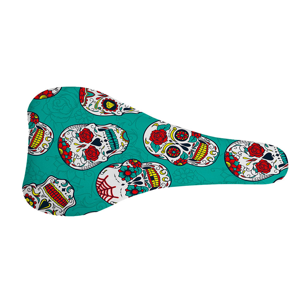 Teal Sugar Skull Pattern Print Bicycle Seat Cover