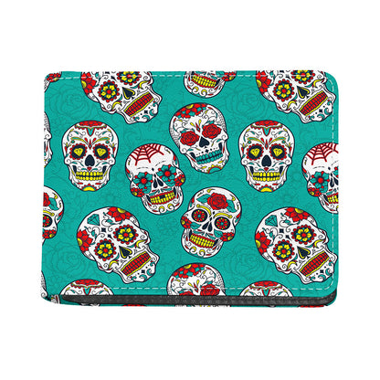 Teal Sugar Skull Pattern Print Bifold Wallet