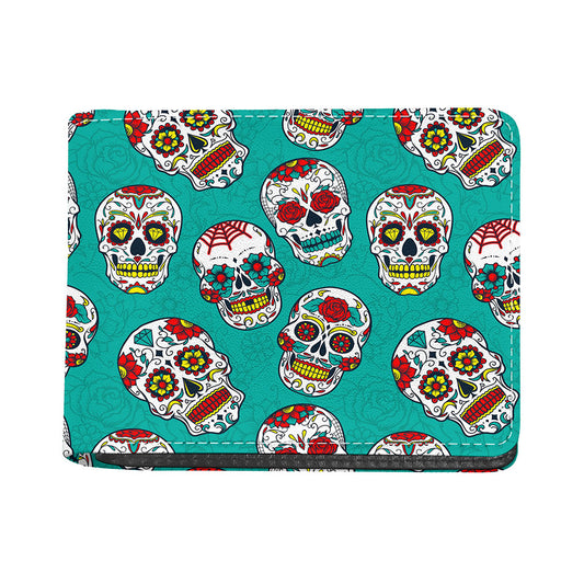 Teal Sugar Skull Pattern Print Bifold Wallet