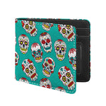 Teal Sugar Skull Pattern Print Bifold Wallet