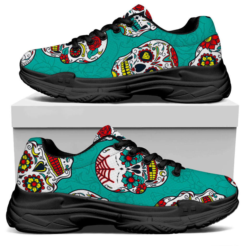 Teal Sugar Skull Pattern Print Black Chunky Shoes