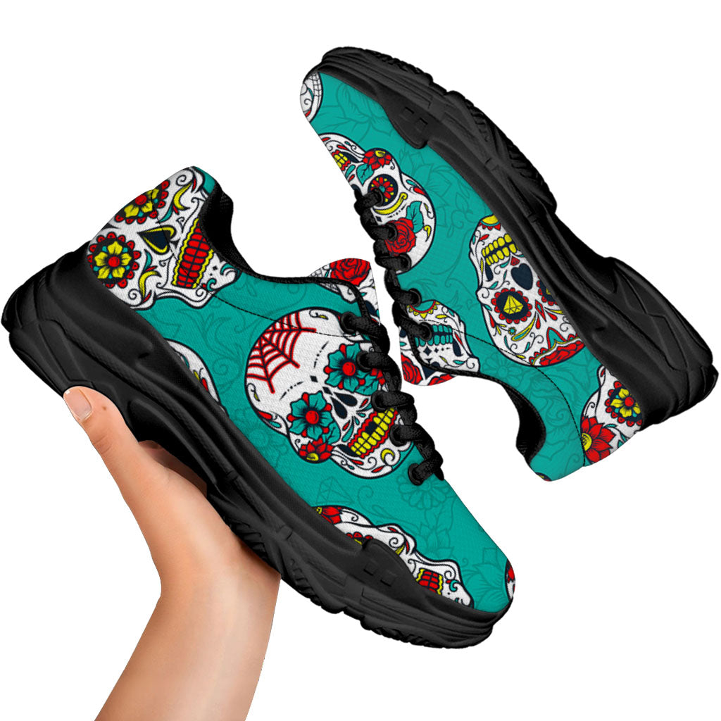 Teal Sugar Skull Pattern Print Black Chunky Shoes