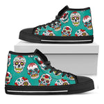 Teal Sugar Skull Pattern Print Black High Top Sneakers