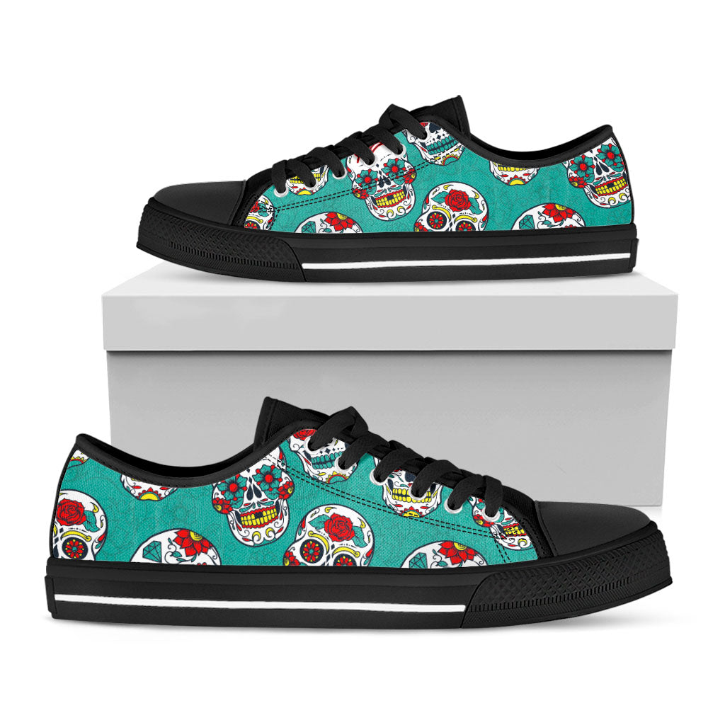 Teal Sugar Skull Pattern Print Black Low Top Sneakers