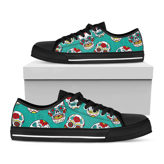Teal Sugar Skull Pattern Print Black Low Top Sneakers