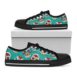 Teal Sugar Skull Pattern Print Black Low Top Sneakers