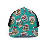 Teal Sugar Skull Pattern Print Black Mesh Trucker Cap