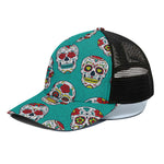 Teal Sugar Skull Pattern Print Black Mesh Trucker Cap