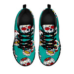 Teal Sugar Skull Pattern Print Black Running Shoes