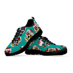 Teal Sugar Skull Pattern Print Black Running Shoes