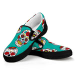Teal Sugar Skull Pattern Print Black Slip On Sneakers