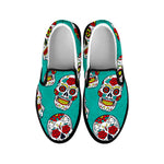 Teal Sugar Skull Pattern Print Black Slip On Sneakers