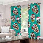 Teal Sugar Skull Pattern Print Blackout Grommet Curtains